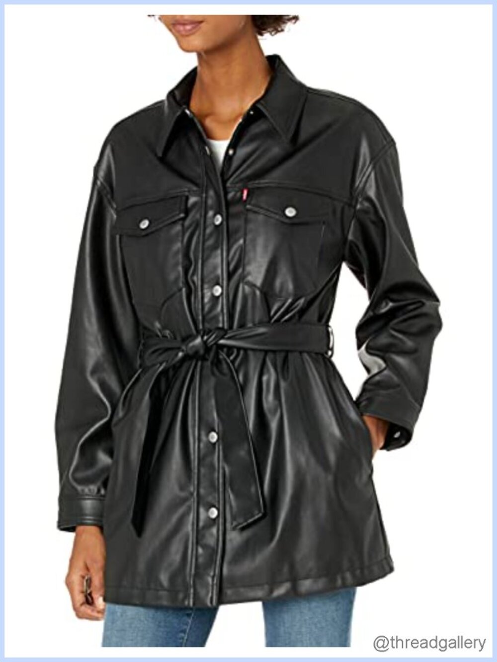 Faux Leather Belted Shirt Jacket Snap Zip Chest Pockets